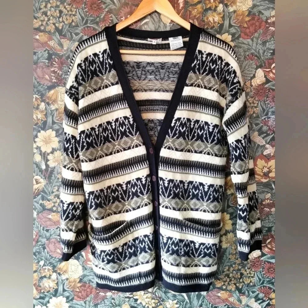 Vintage 90s Rodier 100% Wool Cardigan – Cream & Black – Medium